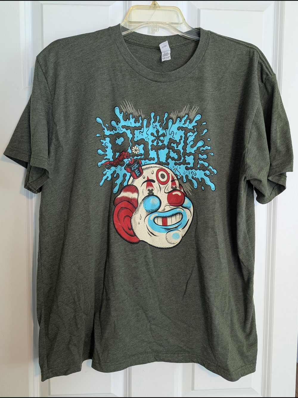 Phish Graphic Clown Tee in Olive Green with Blue & Red